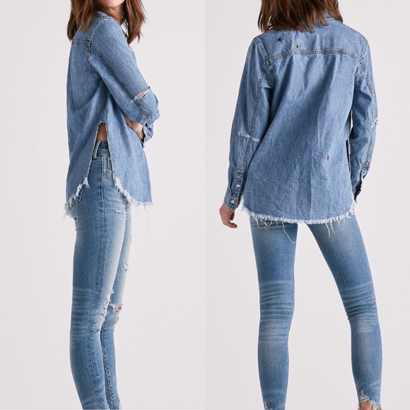 Lucky Brand 🐞 Denim Boyfriend Shirt w/Embroidery Sz S - Picture 2 of 16